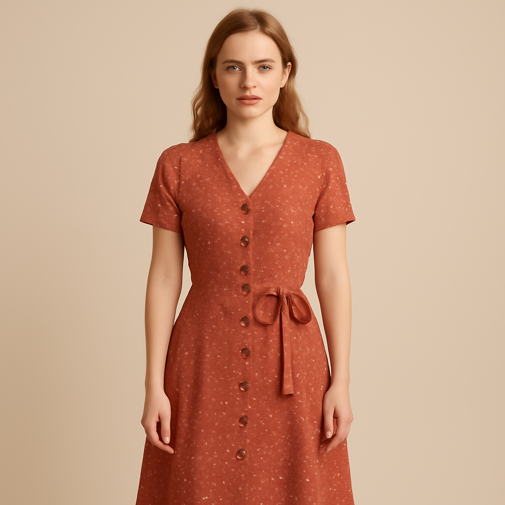 Fienmode | Women – Button-Front Tie Dress – Soft Fabric – Flattering Fit