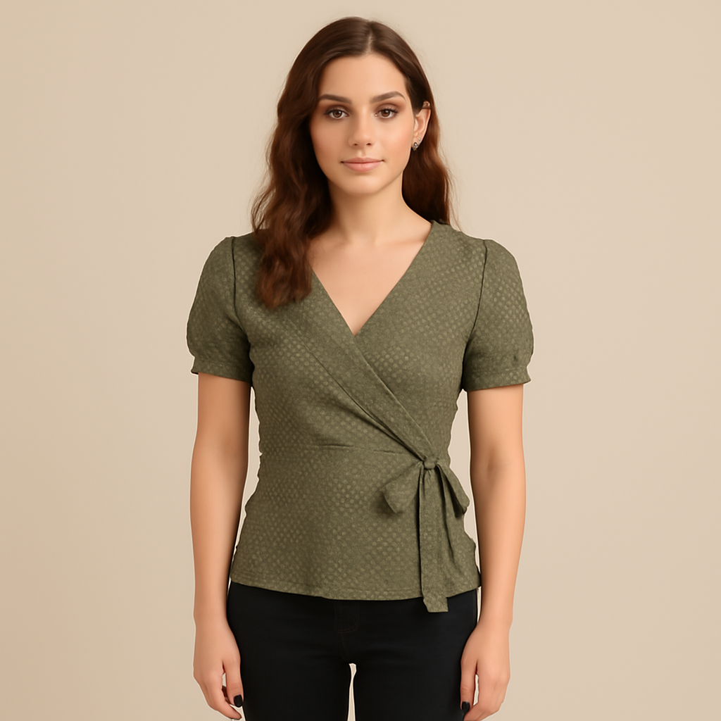 Fienmode | Women – Wrapped V-Neck Top – Feminine Fit – Subtle Pattern